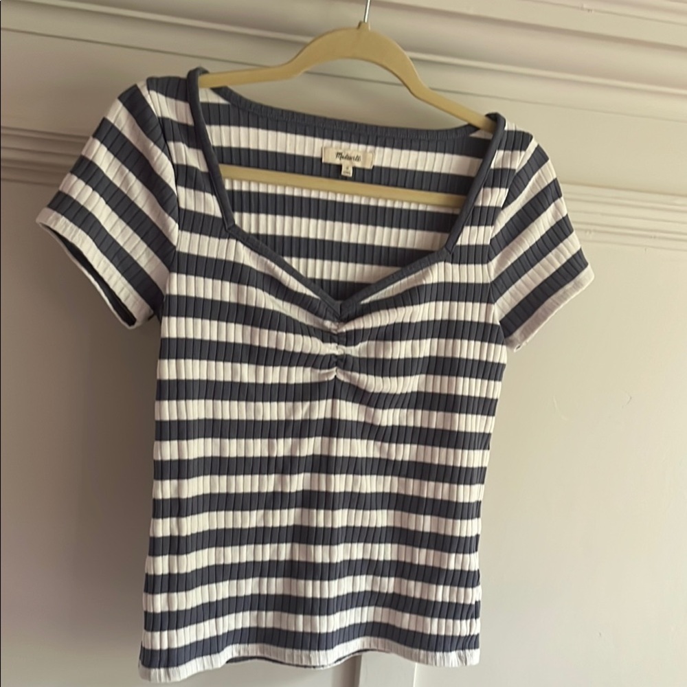 Madewell Blue/grey and white stripped Ribbed Ruched Tee